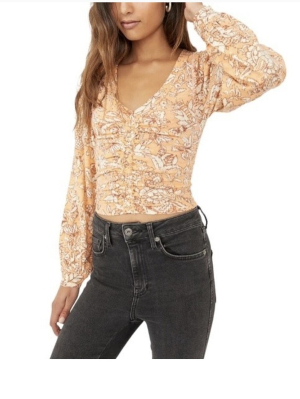 Free People Say The Word Floral Ruched V-Neck Long Sleeve Crop Top - Peach